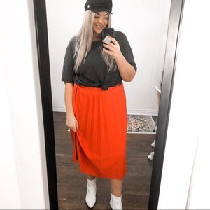 Red Pleated Midi Skirt
